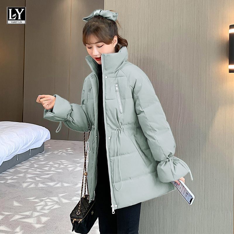 

down Women Cotton Coats New Winter Stand Collar Drawstring Pocket Zippers Korean Style Loose Short Parka Streetwear, Black