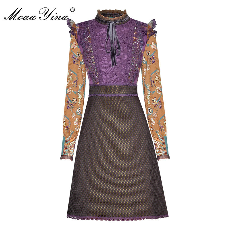

Fashion Designer dress Spring Women' Dress Stand collar Ruffles Flare Sleeve Lace Vintage Print Dresses 210524, Purple