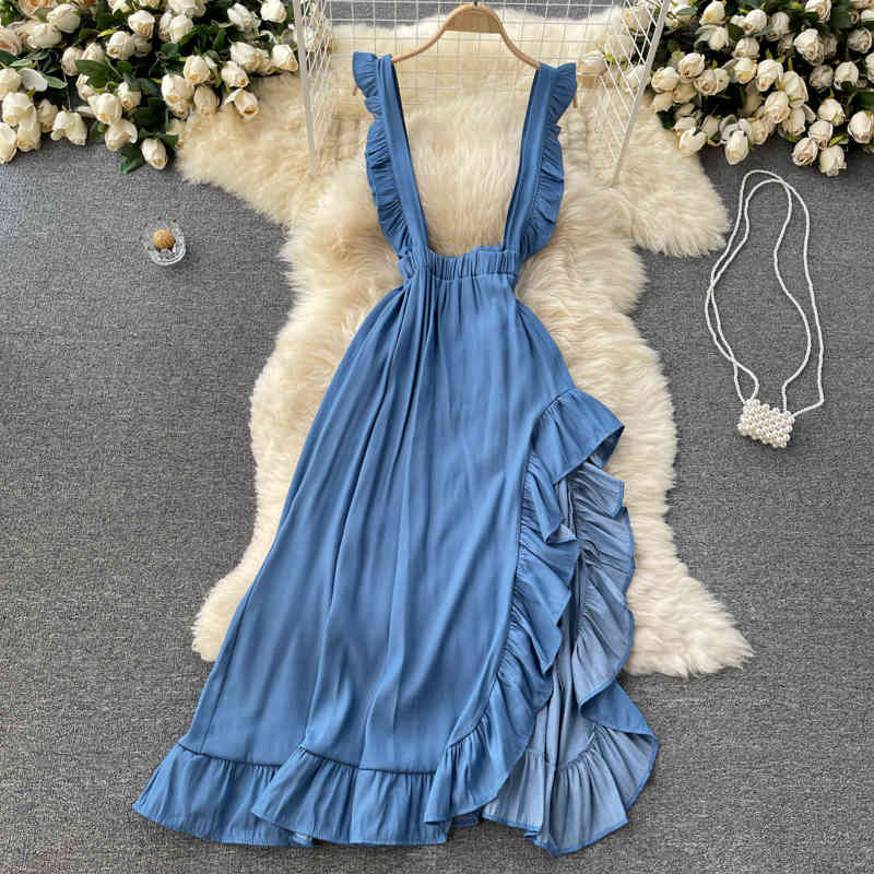 

Women Ruffles Asymmetrical Strap Dress Sleeveless Arrivals Lady Temperament Fashion Spring Summer 11D568 210525, Light blue