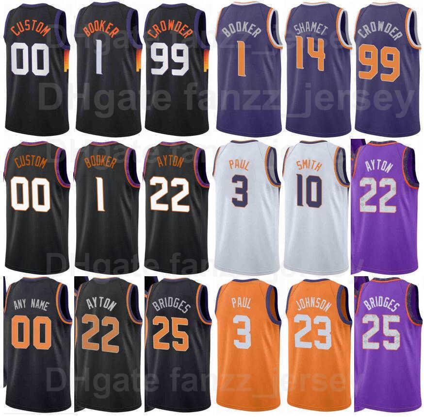 

Screen Printed Basketball Devin Booker Jersey 1 DeAndre Ayton 22 Mikal Bridges 25 Chris Paul 3 Cameron Johnson 23 Jae Crowder 99 Black, Orange