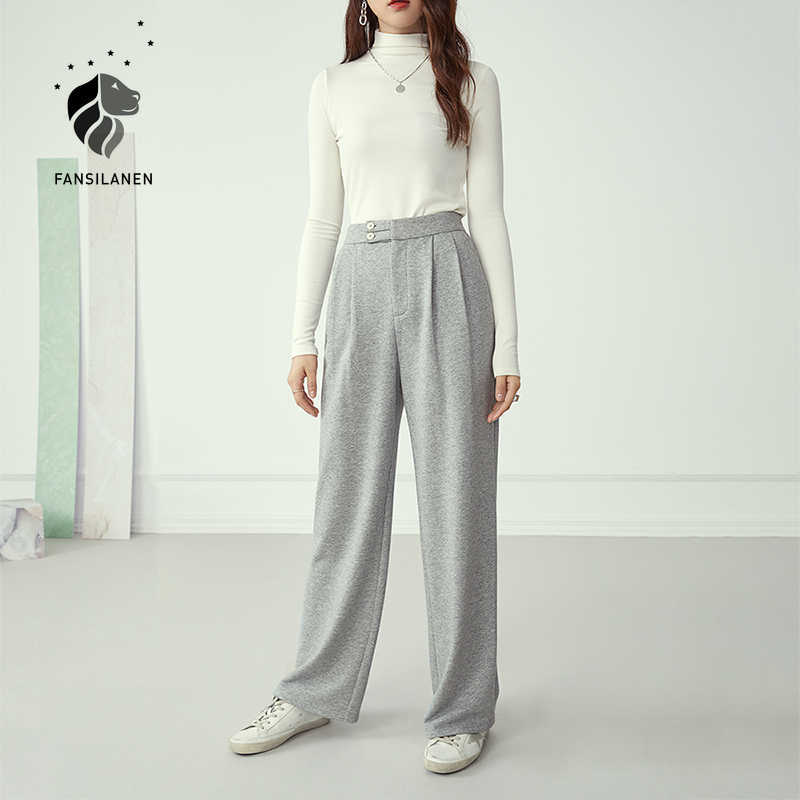 

FANSILANEN Gray wide leg high waist casual pants Women autumn winter loose trousers Cotton female streetwear bottom 210607