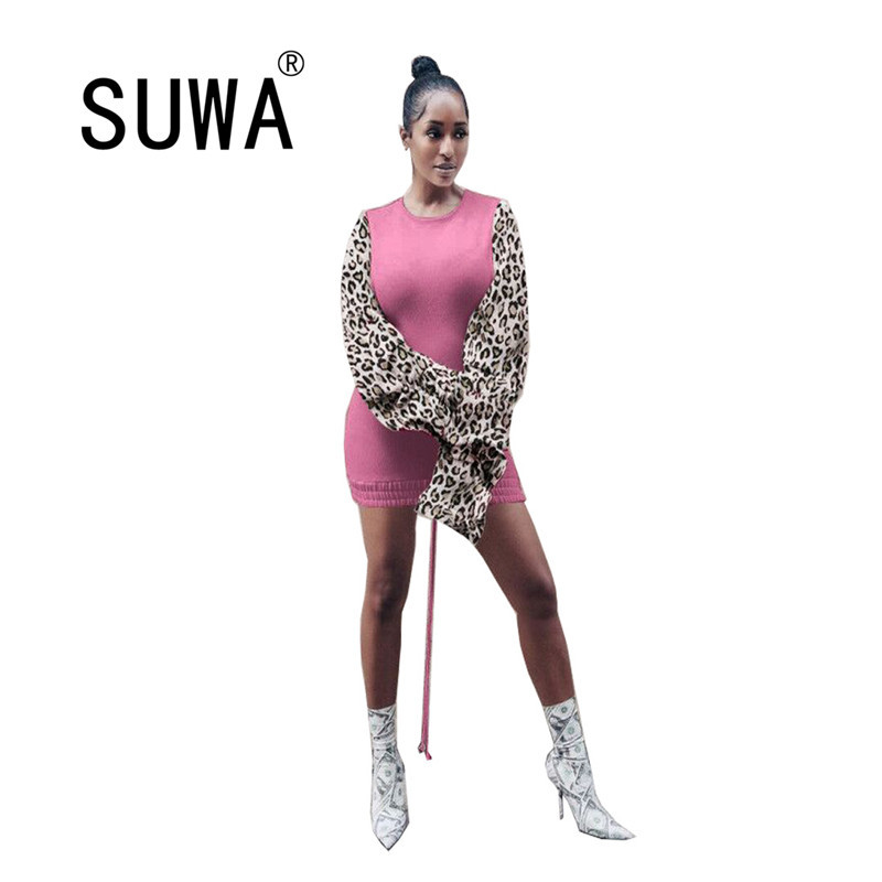 

Stacked Leopard Long Sleeve Bodycon Mini Dress For Women Trendy Chic Party Sexy Fashion Fake Two Wholesale Clothing 210525, White