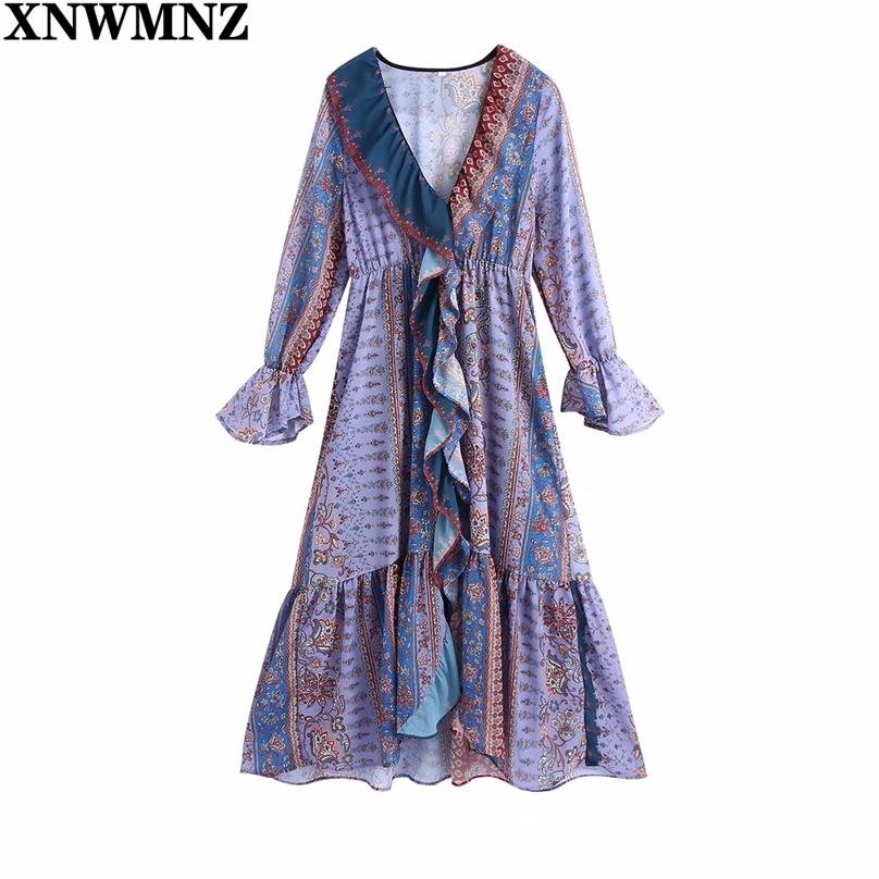 

Fashion Patchwork Print Ruffled Asymmetric Midi Dress Women Vintage Long Sleeve Elastic Waist Female Dresses Mujer 210520, Purple