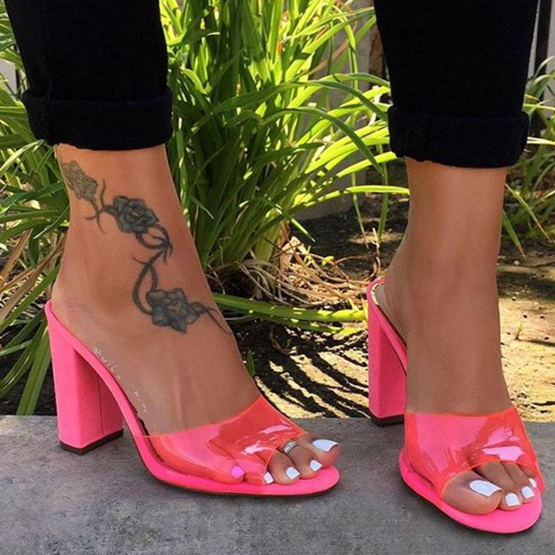 

Fashion Jelly Women Slippers Summer Fluorescent Pink Sexy Open Toed High Heels Transparent PVC Party Shoes, Rosy red
