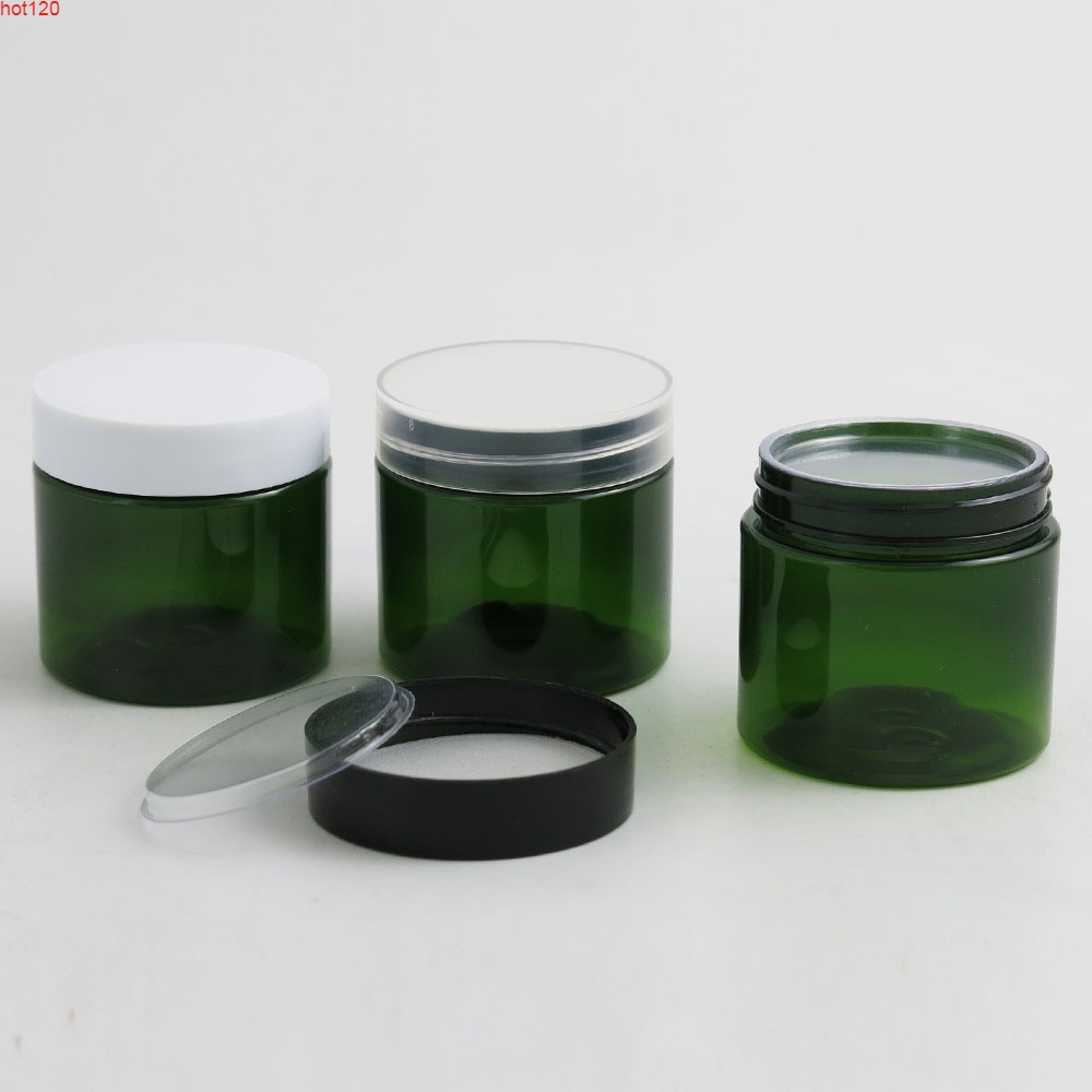 

60g Empty Travel Green PET Cream Bottle Jars 2oz Refillable Cosmetic Packaging with Plastic lids White Black Cap 50pcsgood
