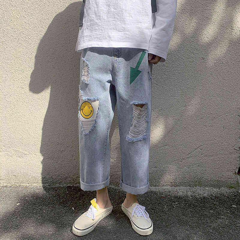 

Men's Jeans Fashion Loose straight-leg ripped jeans men's Korean Hong Kong style super wild summer wide-leg cropped trousers I205, Blue