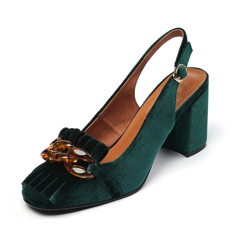 

Summer Chunky High Heel Fringe Sandals Women Retro Velvet Emerald Slingback Buckle Chain Tassel Pumps Banquet Shoes Dress, Black