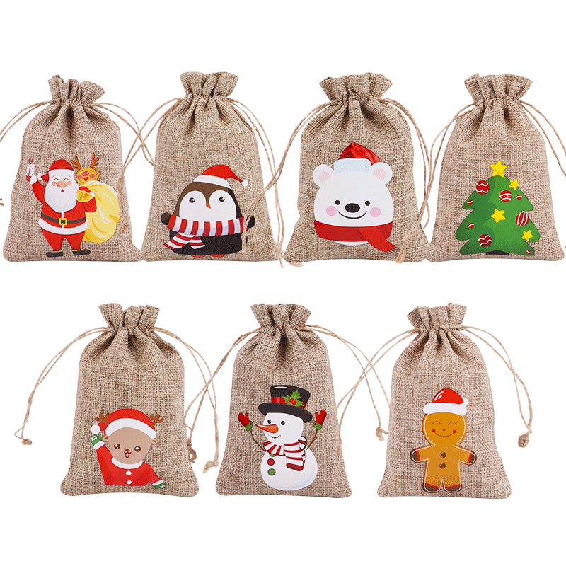 

linen Christmas Santa's Bag Drawstring Candy Claus Bags Xmas Gift Santa Small Sacks For Festival Decoration