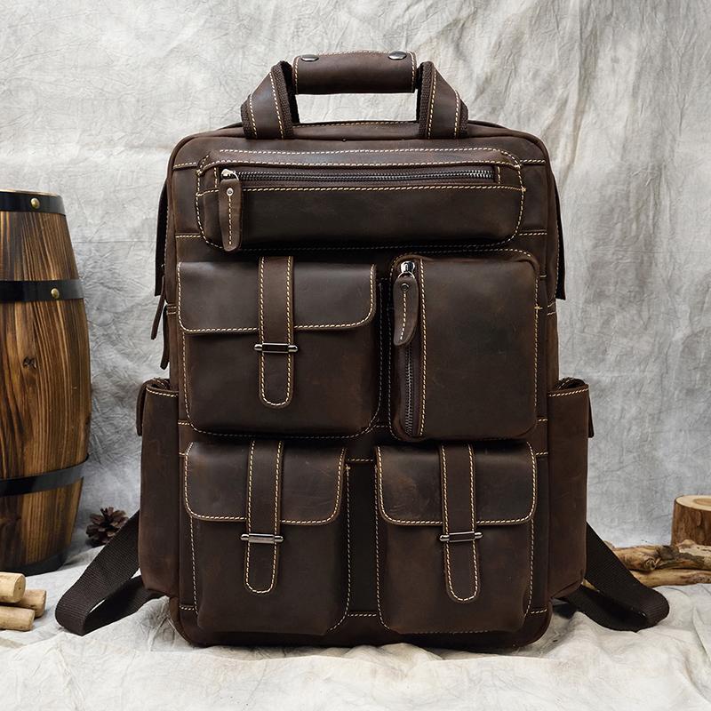

Backpack MAHEU Men's Leather Large Capacity Solf Original Cow Skin Backpacks Functional Casual Packs For Man Cool Design, Yellow brown