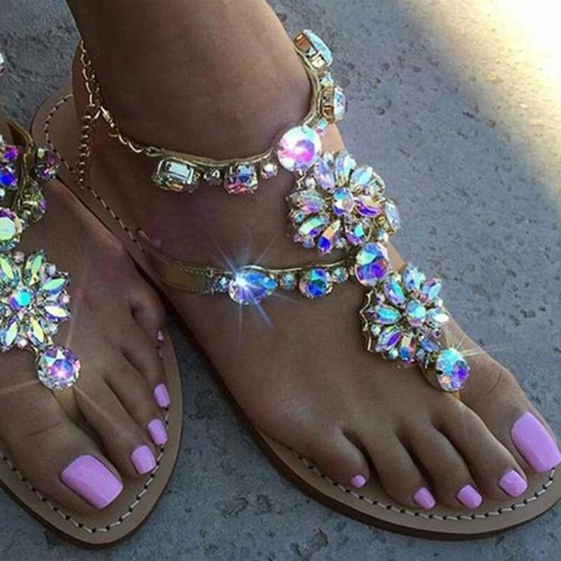 

Slippers Ladies Rhinestones Sandals Bohemian Women's Rhinestone Toe Roman Flat Shoes Beach Women Chaussure Femme, Gold