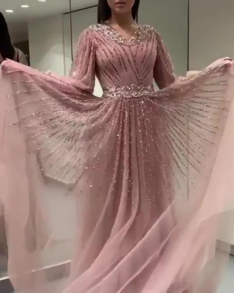 

2021 pink Prom Dress Long Sleeve Tulle Sexy Detachable Formal Special Occasion Party Evening Dresses sequined ball gown dress