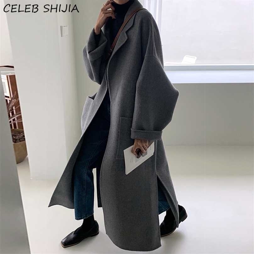 

Chic Gray Long Coat Woman Autumn and Winter Turn-down Neck Jacket Korean Keep Warm Loose Blends Clothing Fall 211022, Camel