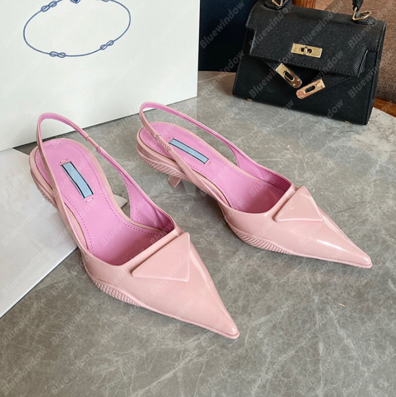 

2021Dress Shoes Women Pumps triangle Mid-heel Slingback Sandals Designers Shoes High Heels Sandales Espadrilles, Blue with prd