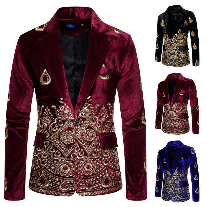 

2021 Men's Luxury Blazer Costume Stage Jacket Suit Male Velvet Gold Thread Embroidered Dress Suit Nightclub Costume Coats X0615, White;black