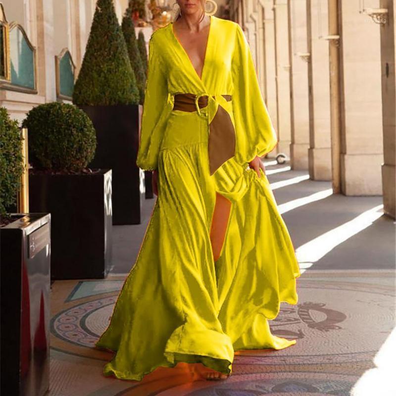 

Casual Dresses Deep V-neck Maxi Dress Long Puff Sleeve Women High Split Floor-Length Robe Streetwear, Yellow
