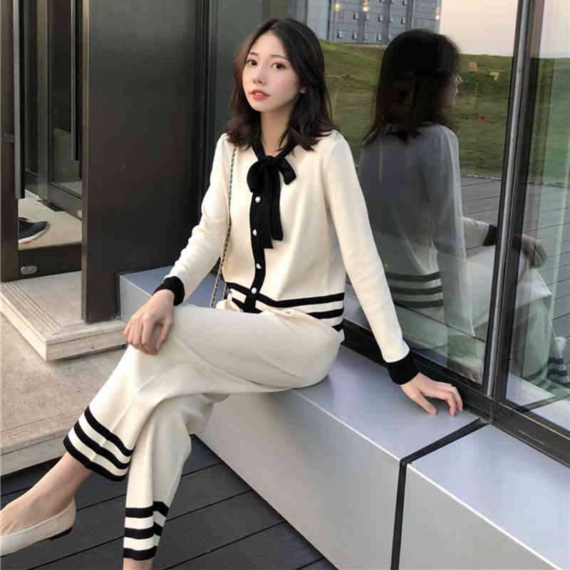 

Autumn outfit light ripe wind wide-legged pants two-piece female temperament show thin knitting royal elder sister brim minu 210429, Black