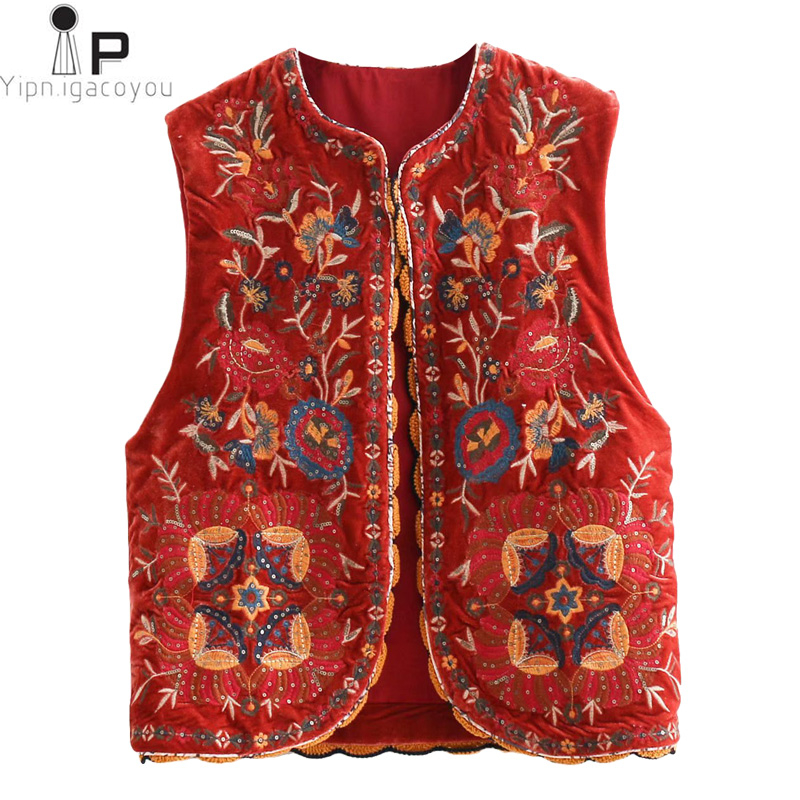 

Vintage autumn Floral Embroidery Sequins Velvet women vest 2021 Fashion sleeveless cardigan Ladies Outerwear Casual Waistcoat, Red