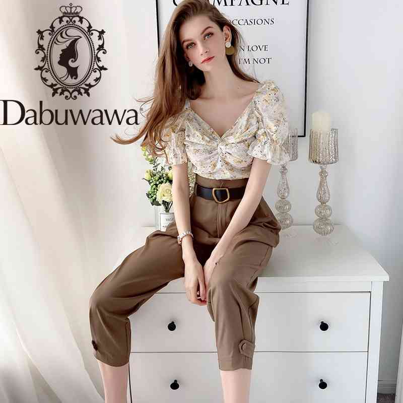 

Dabuwawa Prairie Chic 2pcs Floral Print Blouse + Pants Women Puff Sleeve Knot Front Shirts and Trousers Set Female DT1BSA013 210520, Khaki