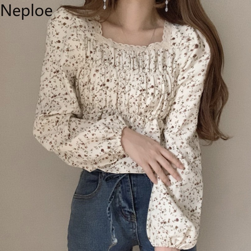 Neploe Women Tops Korean Chic Vintage Shirts Square Collar Floral Puff Sleeve Femme Blouses Loose Pleated Tops Blusas Mujer 210422