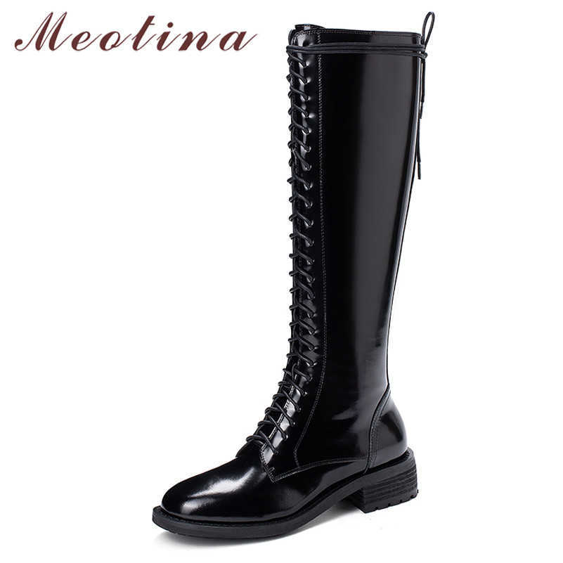 

Meotina Winter Knee High Boots Women Natural Genuine Leather Thick Heel Long Boots Zipper Round Toe Shoes Lady Autumn Size 33-43 210608, Black synthetic lini