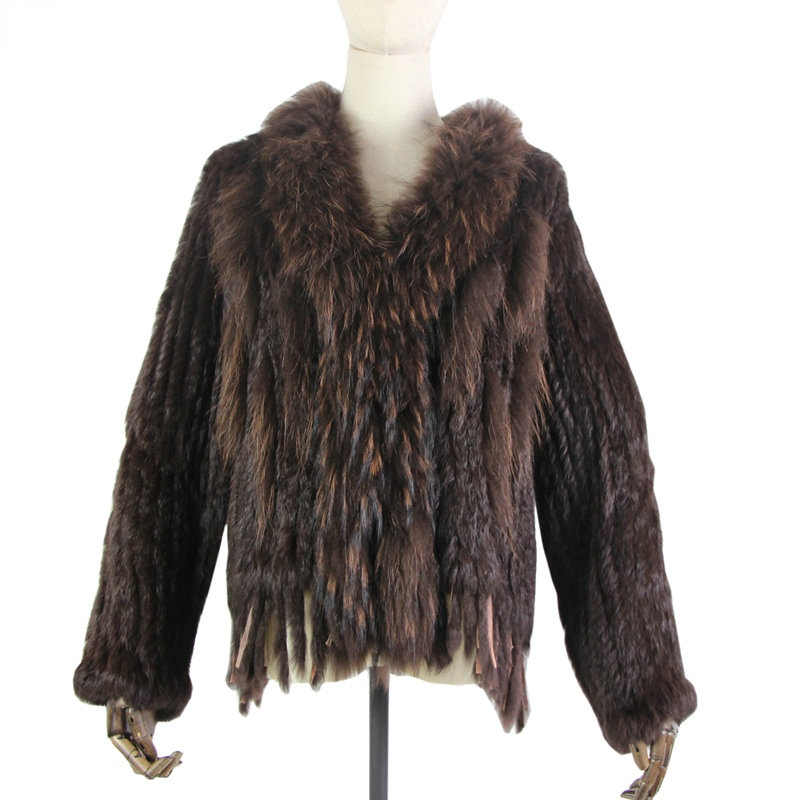 

The new Genuine Knitted Women Rabbit Raccoon Fur collar Coat Jacket Trench Outwear Parka coats with tassels 18 color, Black