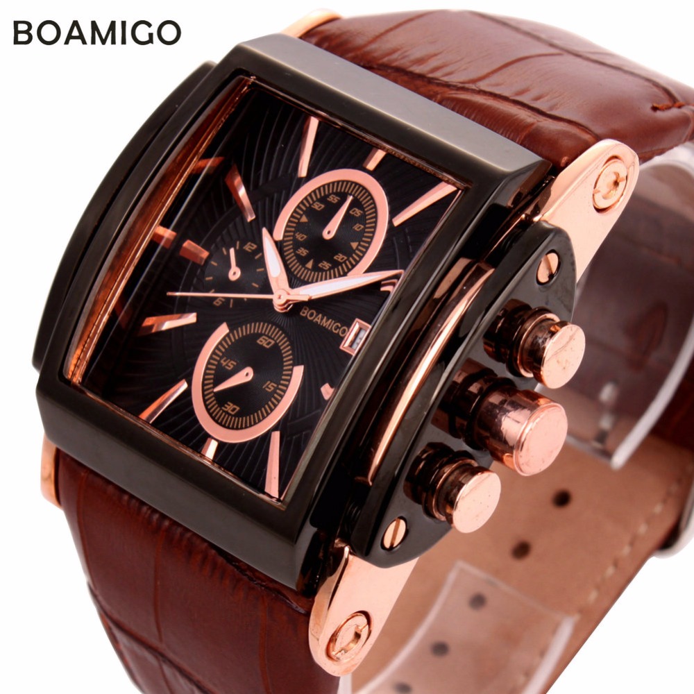 

BOAMIGO men quartz watches large dial fashion casual sports watches rose gold sub dials clock brown leather male wrist watchesg, Gold black