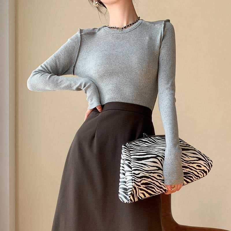 

Spring O Neck High Stretch Long sleeve Mujer tee shirt Solid Tight-fitting Knitted Top Female Elegant Office Lady Women T-shirt 210525, Black