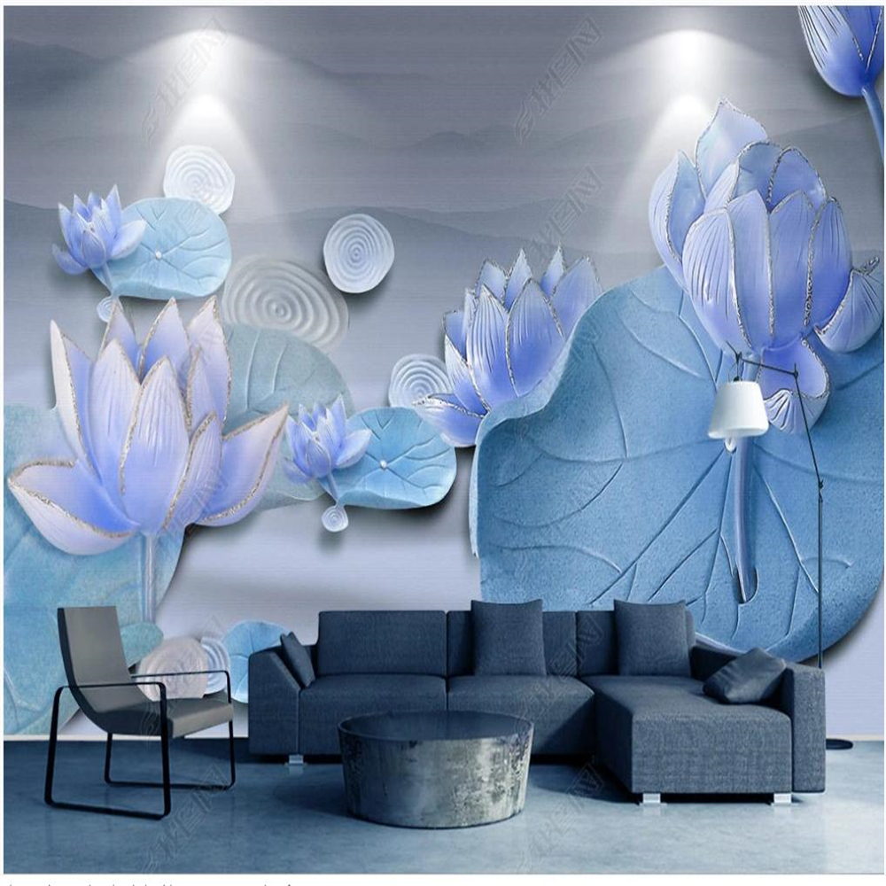 3D three-dimensional relief lotus pond moonlight living room background wall decoration painting wallpaper-image-691200890