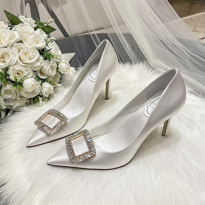 

Dress Shoes 2021 Luxury Wedding Pumps White Satin Bridal Rhinestone Square Buckle Champagne Color High Heels, Campagne 7cm heel
