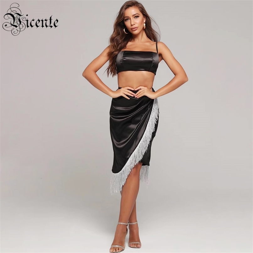 

Free Two Pieces Sets Sexy Spaghetti Strap White Tassel Women Suit Celebrity Party Skirt 210520, Black