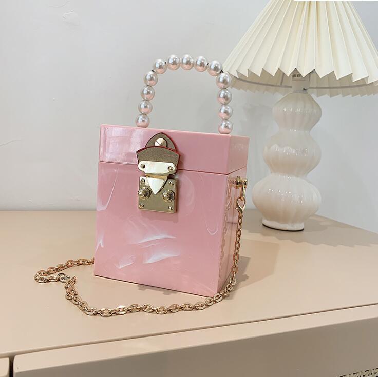 

wholesale women handbag small fresh solid color hard box chain bag sweet candy-colored Acrylic square handbags street trend Marble Beads fashion shoulder bags