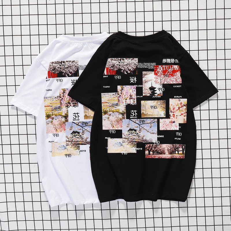 

Off Style White New Japanese Printed Short Sleeve T-shirt Pullover for Young Couple Half