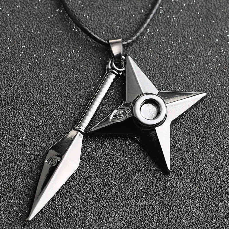 

yutong NARUTO Necklace Kunai Shuriken Dart Weapon Konoha Uzumaki Naruto Pendant Leather Rope Ninja Cosplay Anime Jewelry Wholesale, Silver