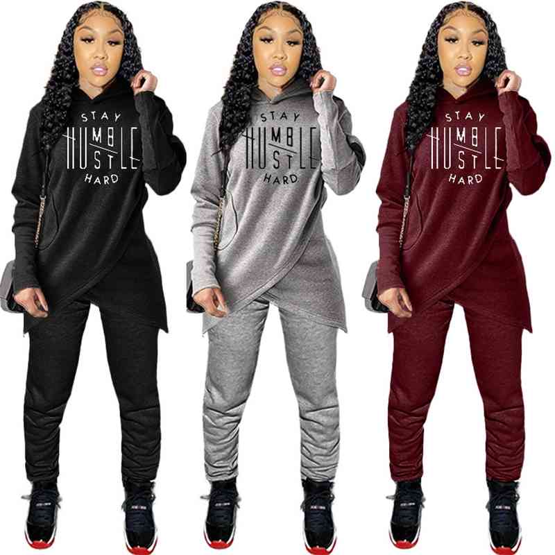 

L5173 fashion women's new long sleeve irregular hooded two-piece set, Gray