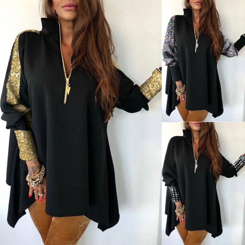 

Women' Blouses & Shirts Women Long Loose Plus Size Sequins Ladies Casual V Neck Tops Shirt Zipper Top Sleeve Blouse, Black