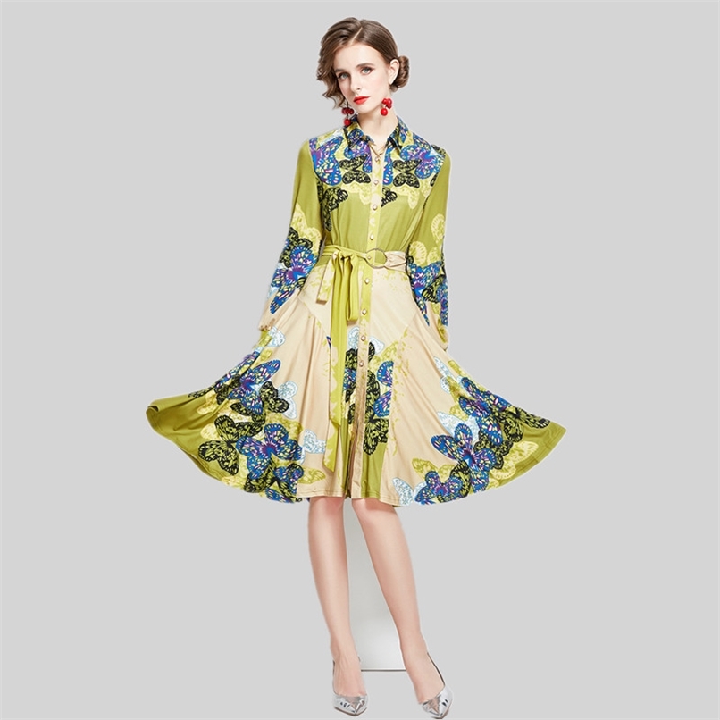 

High Quality Autumn Print Butterfly Shirt Dresses Women Long Sleeve Single Breasted Party Dress 210602, Green