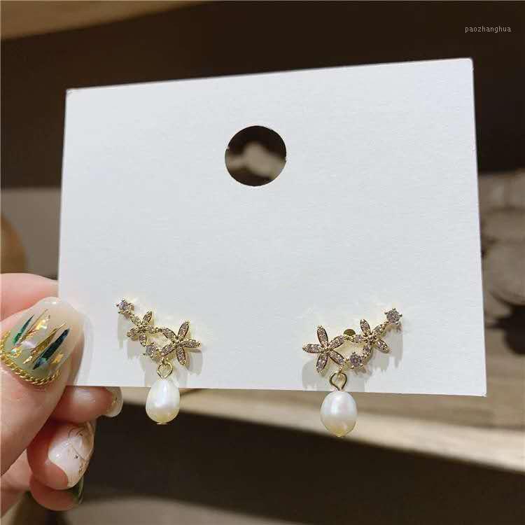 

Fashion Crystal Rhinestones Flower Stud Earrings Female Korean Imitation Pearl For Women Jewelry Girl Gift, Golden;silver