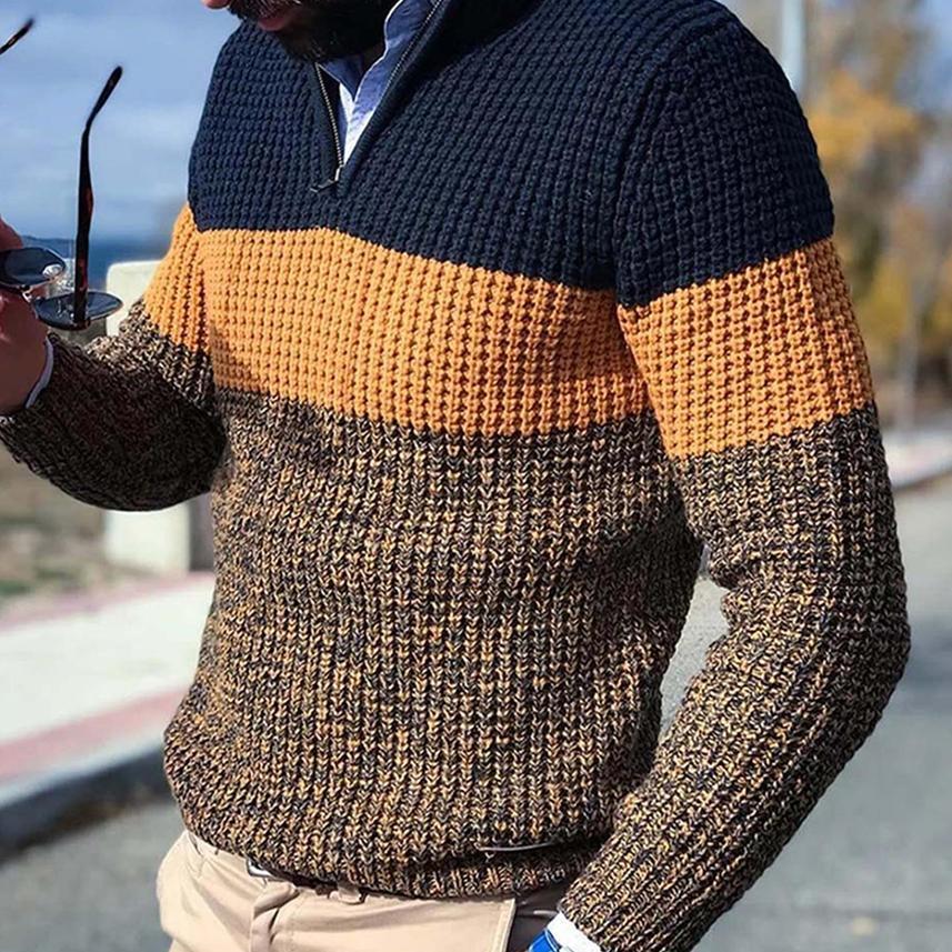 

Men's long sved V-neck knitted sweater, color block, autumn and winter, jumper1, White;black