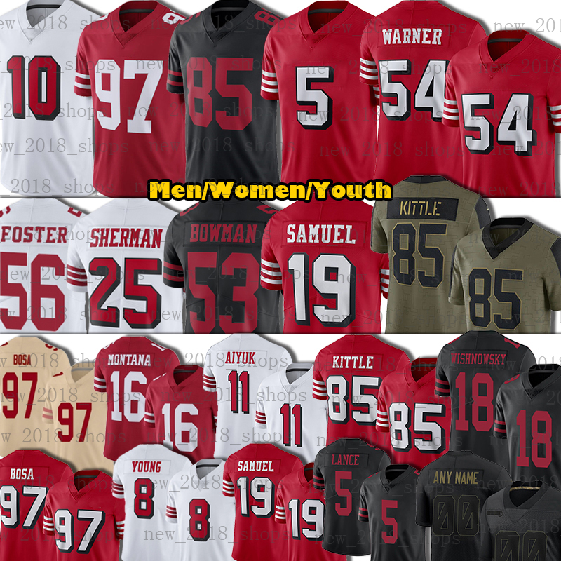 

97 Nick Bosa 85 George Kittle Football Jersey Jimmy Garoppolo Fred Warner Trey Lance Steve Young Joe Montana Jerry Rice Deebo Samuel Elijah Mitchell Brandon Aiyuk, Custom women jersey+patch (4 9)