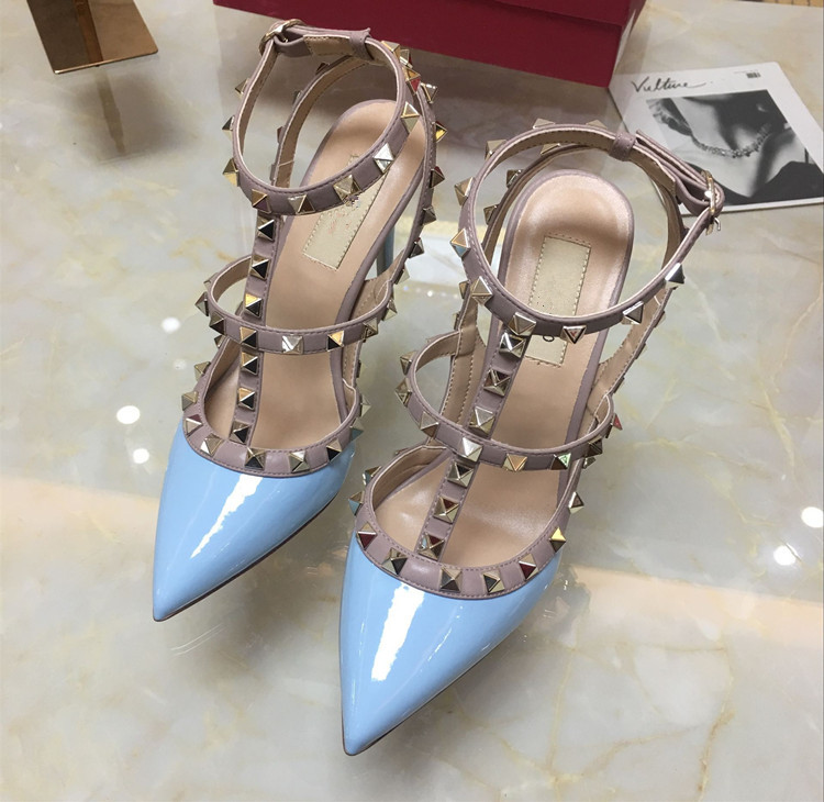 

Real photos Women Pumps sexy lady shoes patent Point toe studded spikes slingback strappy Stiletto heels party size 34-44 with Box, Black