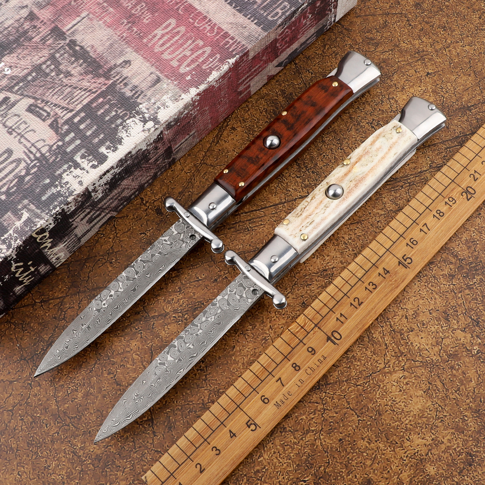 

Outdoor camp 9 inch mafia Damascus steel antlers/wood handle automatic folding knife tactical hunting pocket fruit knife