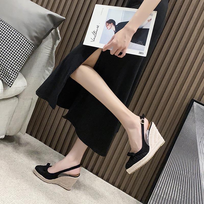 

Sandals Women's Espadrilles Wedge 2021 Bow Hollow Single Shoes Fashion Pointed High Heels Thick Bottom Straw, Black 10cm