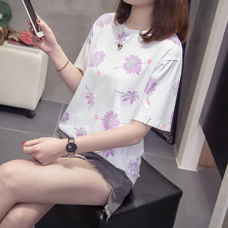 

Large size Harajuku cotton T-Shirt top loose casual short Sleeve ruffle Floral print Oversized Summer t-shirt female tee 210604, Yellow