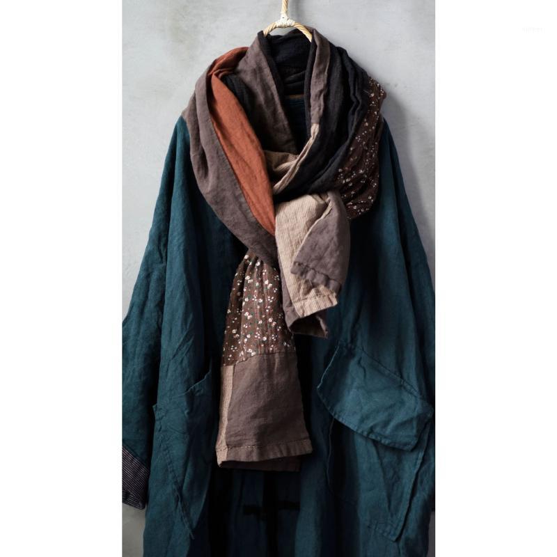 

Scarves Women Loose Cotton Linen Patchwork Ladies Vintege Spliced Scarf Female 2021, Blue;gray