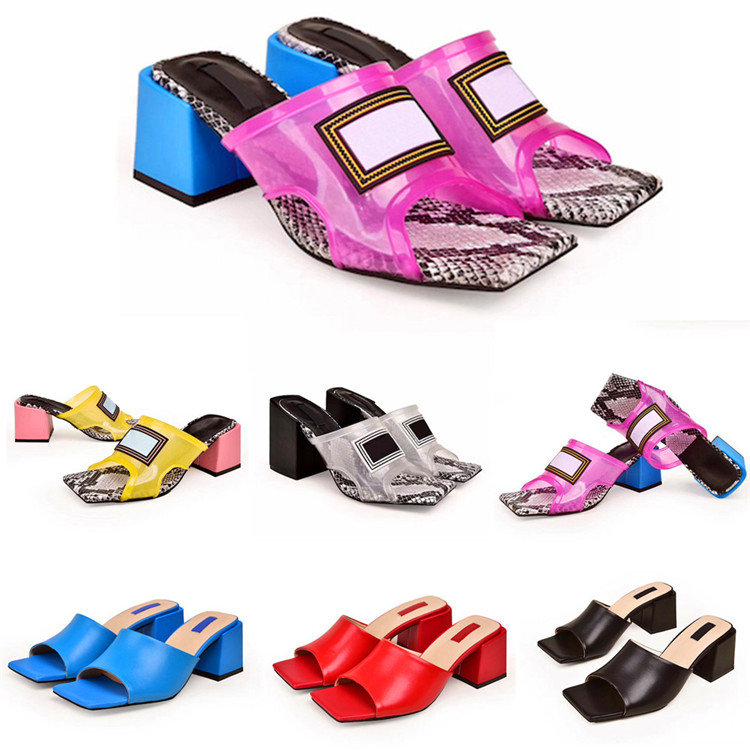 

2021 Women Luxurys Designers PVC Transparent Sandals Genuine Leather Fancy Slipper With Box High Heel Mules Slides Slippers
