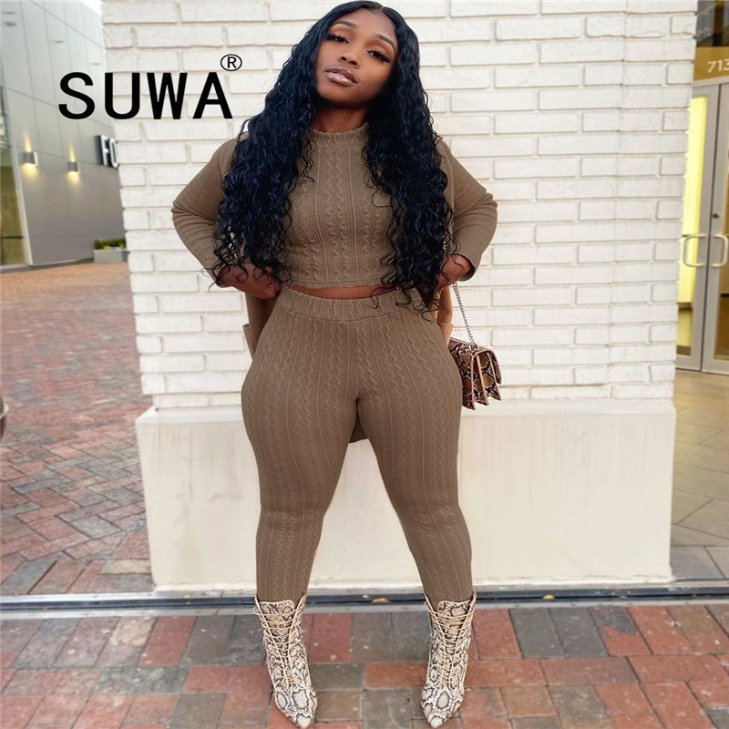 

Fall Winter Women Clothing Sets Knit Pullover Vintage Casual Retro Top Baggy Joggers Pants 2 Pieces 210525, Khaki