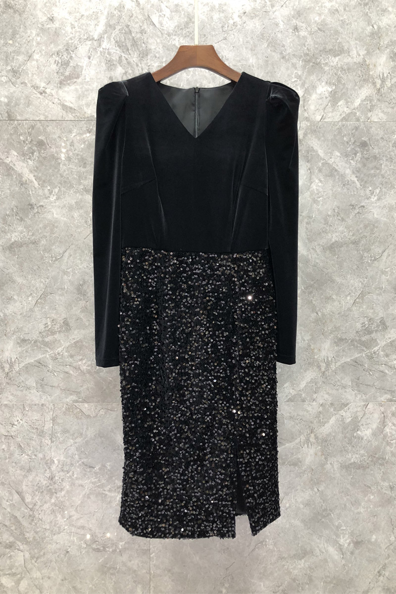 

V-neck Sequins Split Velvet Dress Womens Autumn European Goods New Hepburn Midi Dress Style 9x, Black