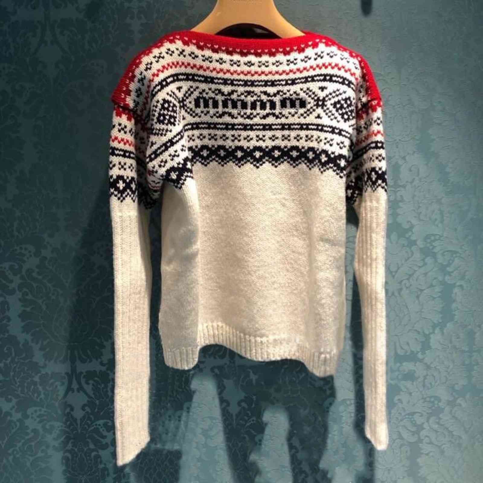 

sweater Miu's same one neck 21 autumn and winter new geometric figure jacquard sweater top backing Pullover Yb, White;black