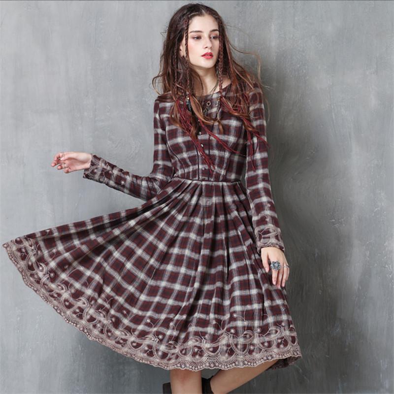 

Casual Dresses Vintage Embroidery Plaid Women Dress 2021 Autumn Vestido Femininos Cotton Long Sleeve Patchwork O Neck, As pic