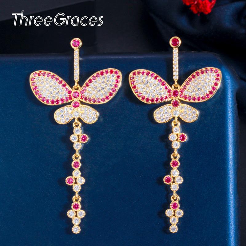 

Dangle & Chandelier ThreeGraces Exquisite Red Cubic Zirconia Gold Color Long Drop Butterfly Earrings For Women Korean Style Jewelry ER488, Silver